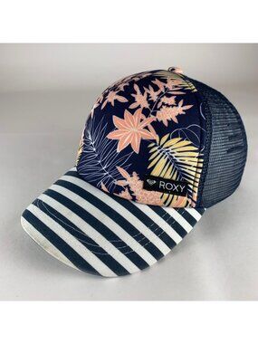 Roxy Womens Navy Blue White Floral Print Snapback Trucker Hat
